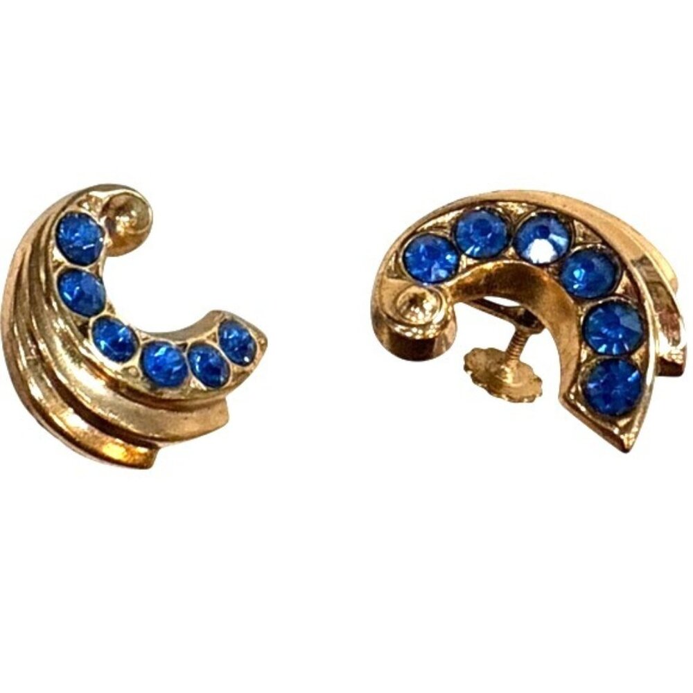 Vintage Coro Signed Gold Tone Blue Gemstone Swirl Screw-back Earrings MCM